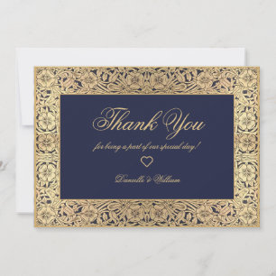 Navy Blau Gold Rosen Vintage Kalligrafie Hochzeit Dankeskarte