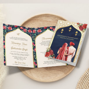 Navy Blau Gold Rot Floral All in One Sikh-Hochzeit Einladung