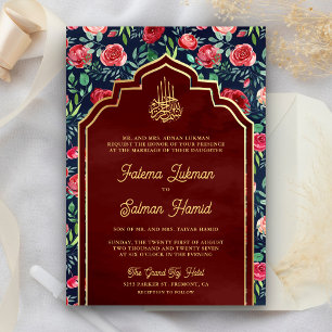 Navy Blau Gold Rote Rosen Florale Muslimische Hoch Einladung