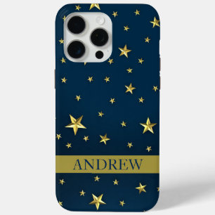 Navy Blau Gold Sterne Personalisierter Name iPhone 15 Pro Max Hülle