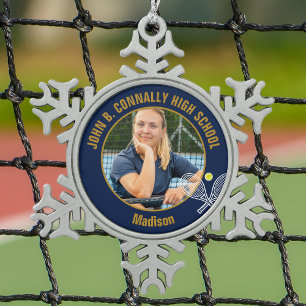 Navy Blau Gold Tennisspieler Foto High School Schneeflocken Zinn-Ornament