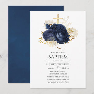 Navy Blau & Gold Vintage Shabby Rosen Taufe Einladung
