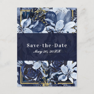 Navy Blau Gold Wasserfarben Blumen Save the Date Ankündigungspostkarte