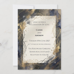 Navy Blau Gold Wasserfarben Wirbel Hochzeit Einladung