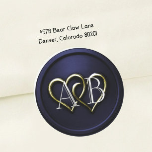 Navy Blau Gold Zwei Herzen Silber Monogramm Runder Aufkleber