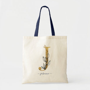 Navy Blau Goldblatt Modernes Monogramm Buchstabe " Tragetasche