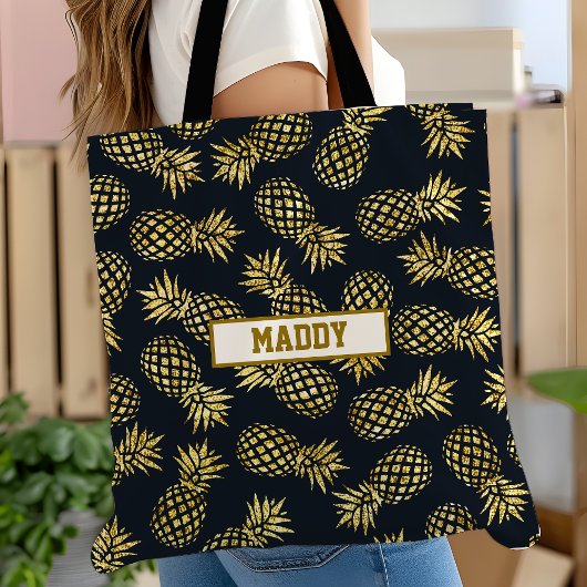 Navy Blau Goldene Ananas-Muster-Monogramm Tasche