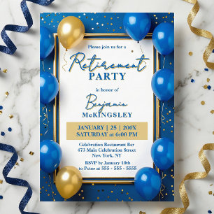 Navy Blau Goldene Ballons Konfetti Ruhestandsparty Einladung
