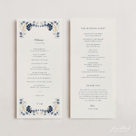 Navy Blau Goldene Florale Art Nouveau Hochzeit Programm