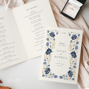 Navy Blau Goldene Florale Art Nouveau Hochzeit Programm