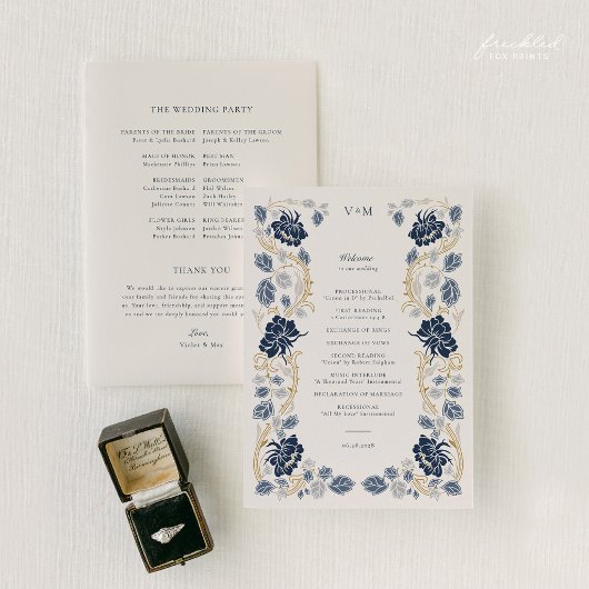 Navy Blau Goldene Florale Art Nouveau Hochzeit Programm