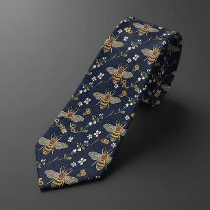 Navy Blau & Goldene Honigbiene Floral Krawatte