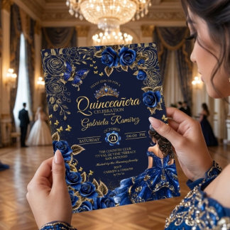 Navy Blau Goldene Tiara Rosen Quinceañera Einladung