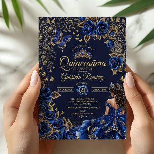 Navy Blau Goldene Tiara Rosen Quinceañera Einladung