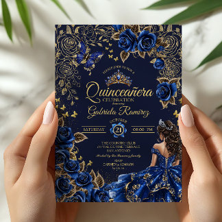 Navy Blau Goldene Tiara Rosen Quinceañera Einladung