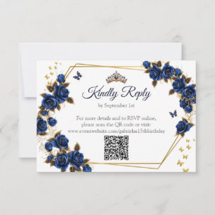 Navy Blau Goldene Tiara Rosen Schmetterling Quince RSVP Karte