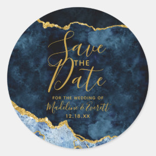 Navy Blau Goldfolie Achatmuster Save the Date Runder Aufkleber