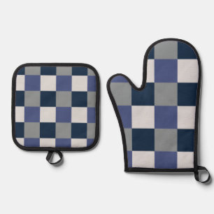 Navy Blau Grau Weiß Schachbrettmuster Ofenhandschuh & Topflappen-Set