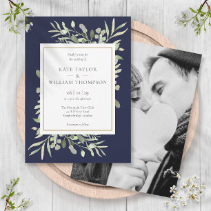 Navy Blau Greenery Blätter Foto Hochzeit Einladung