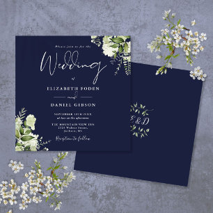 Navy Blau Greenery Floral Monogramm Quadratische H Einladung