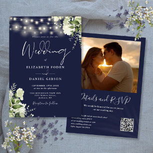 Navy Blau Greenery Lichter QR Code Foto Hochzeit Einladung