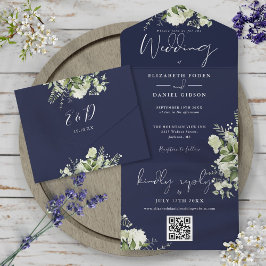 Navy Blau Greenery QR-Code Monogramm Hochzeit All In One Einladung