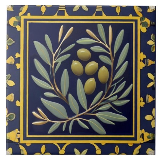 Navy Blau Grüne Oliven Mediterraner Olivenzweig Fliese (Vorderseite)