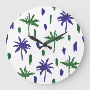 Navy Blau Grüne Palm Muster Große Wanduhr