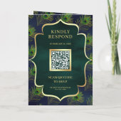 Navy Blau Grüne Pfauenfedern QR Code Hochzeit Einladung (Rückseite)