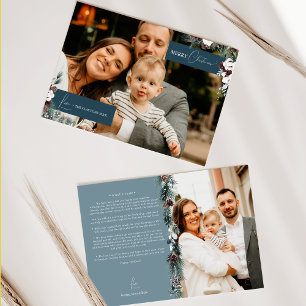 Navy Blau Grüne Vintage-Familien-Newsletter-Foto Feiertagskarte