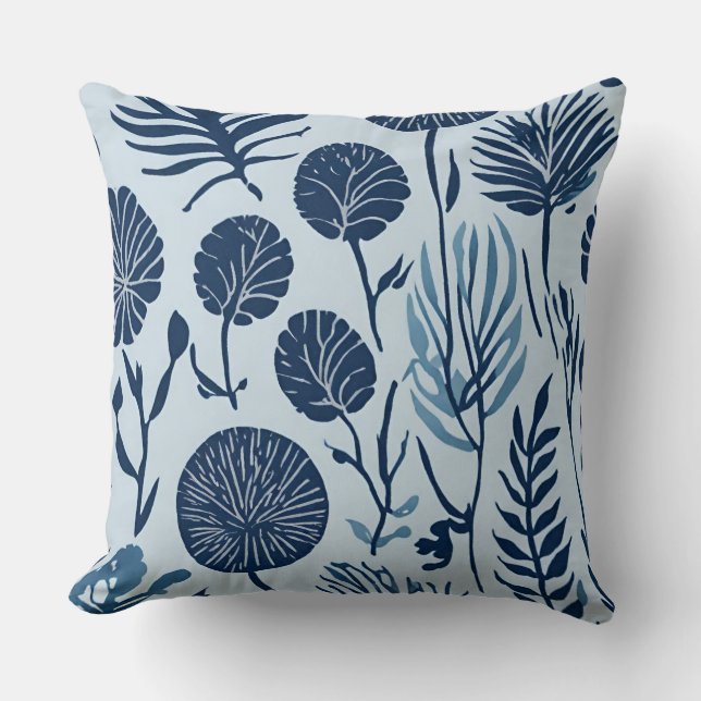 Navy Blau Hellblau Botanischer Blumenprint Kissen (Vorderseite)