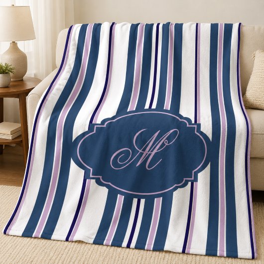 Navy Blau +Helllila +Weiße vertikale Streifen |  Fleecedecke