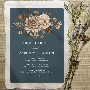 Navy Blau + Herbstblumen Formale Moody Boho Hochze Einladung