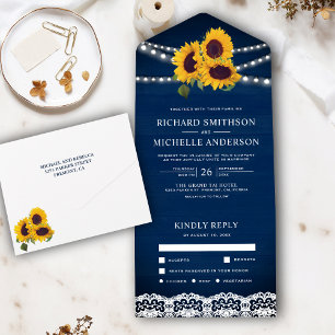 Navy Blau Holz Lace Lichterkette Sonnenblume Hochz All In One Einladung