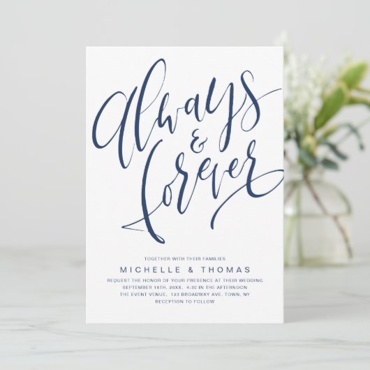 Navy Blau immer und für immer einfach Skript Hochz Einladung (Stehend Vorderseite)