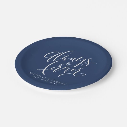 Navy Blau immer und für immer Script Hochzeit Pappteller (Schrägansicht)