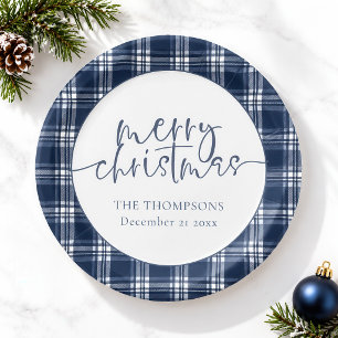 Navy Blau Kariert Name Datum Frohe Weihnachten  Pappteller