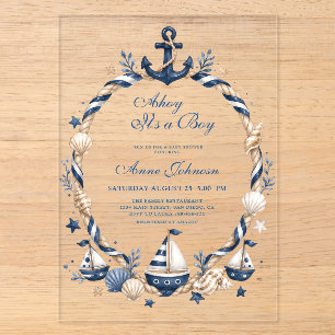 Navy Blau Karierter Segelboot-Ahoy-Junge-Baby-Part Acryleinladungen