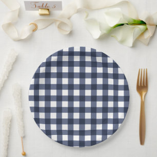Navy Blau Kleines Klassisches Gingham Karo Kariert Pappteller