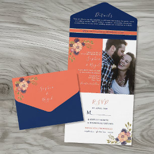 Navy Blau Korallen Blumen Foto Hochzeit All In One Einladung