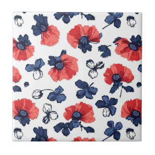 Navy Blau & Korallen-Mohn-Blumen Vintage Fliese