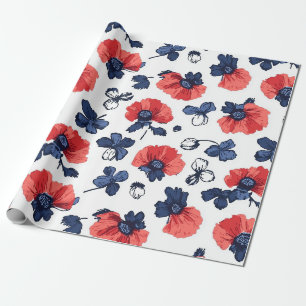 Navy Blau & Korallen-Mohn Blumen Vintage Geschenkpapier