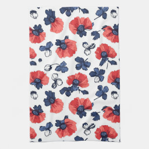 Navy Blau & Korallen-Mohn-Blumen-Vintage Geschirrtuch