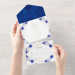 Navy Blau Lila Gold Schriftzug Geometrische Hochze All In One Einladung