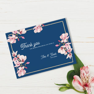 Navy Blau Magnolie Florale Hochzeits-Dankeschön-Ka Postkarte