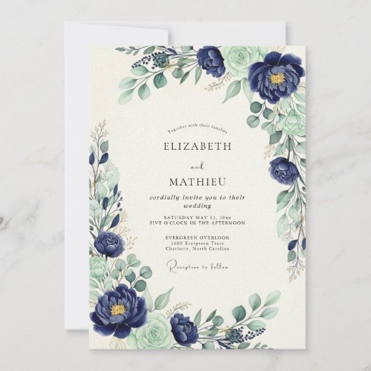 Navy-Blau Majestätische Botanische Hochzeit Einladung (Vorderseite)