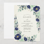 Navy-Blau Majestätische Botanische Hochzeit Einladung (Vorne/Hinten)
