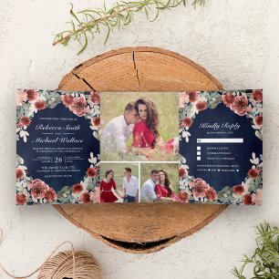 Navy Blau Marsala Florale Fotocollage Hochzeit Dreifach Gefaltete Einladung