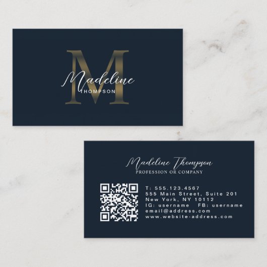 Navy Blau Metallic Gold Monogramm Schrift QR-Code Visitenkarte (Vorne/Hinten)