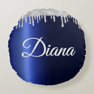 Navy Blau Metallic Silber Glanz Personalisiert Rundes Kissen